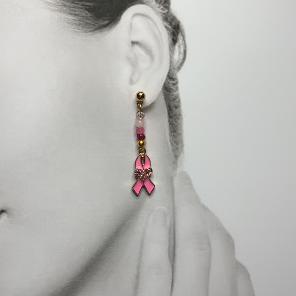 New Handcrafted Pink Awareness Drop Dangle Beaded Dangle Hope Post Stud Earrings - Picture 1 of 7